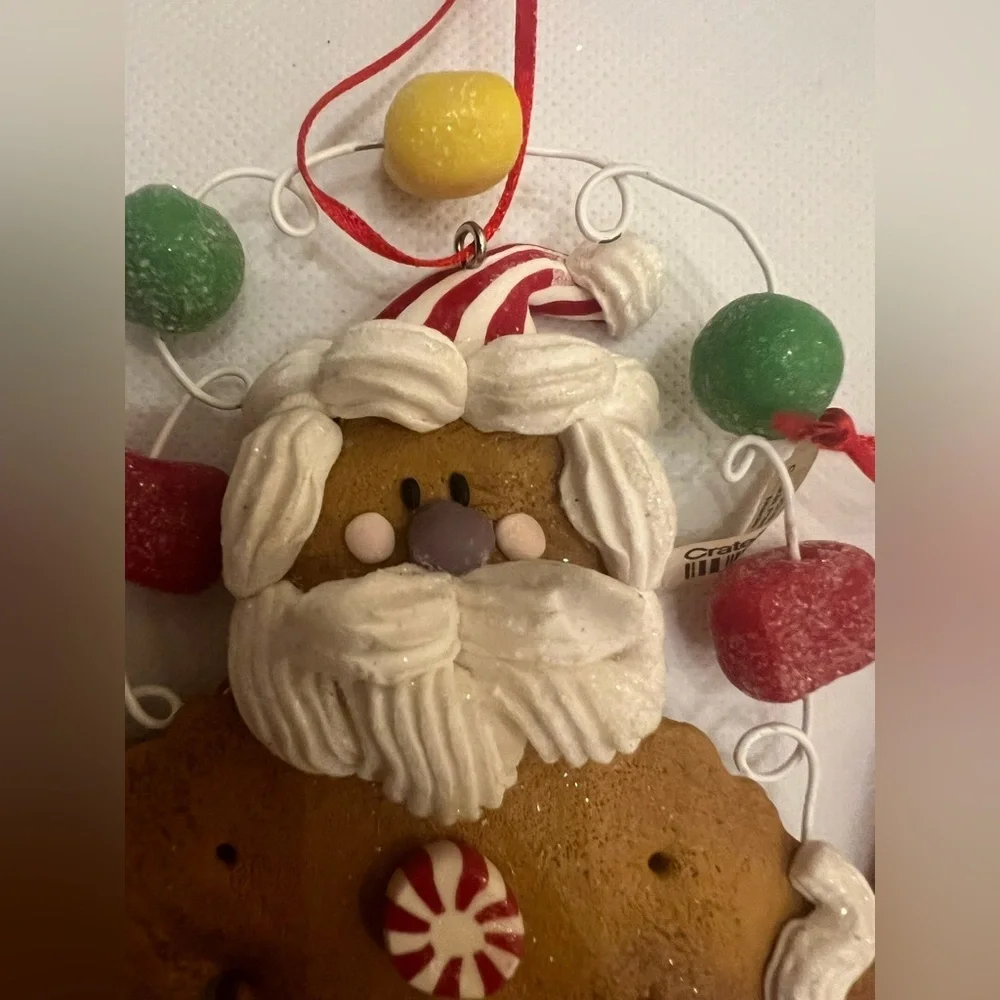 Set of 2 Santa gingerbread ornaments icing gumdrop crate & barrel peppermint